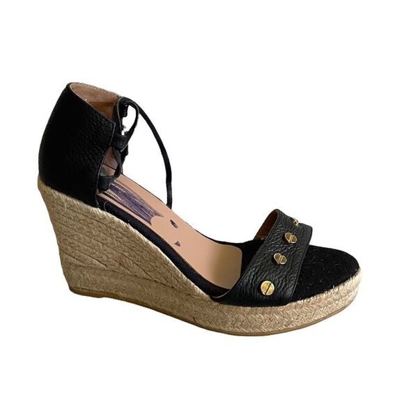GAIMO Black Leather Wedge Espadrilles Sandals Gold Studs Ankle Tie Straps 40 - Picture 1 of 15